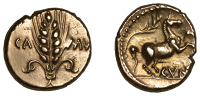 British Iron Age, CATUVELLAUNI, Cunobelin (AD 8-41), Stater, Class 7a [Classic A, Scroll Stem type], ca mv divided...