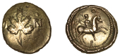 British Iron Age, ATREBATES and REGNI, Verica (10 - 40 AD), Stater, class 5b [Prancing Horse type], vine leaf...
