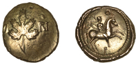 British Iron Age, ATREBATES and REGNI, Verica (10 - 40 AD), Stater, class 5b [Prancing Horse type], vine leaf...