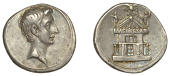 Octavian, Denarius, uncertain Italian mint, c. 29-7, bare head right, rev. imp caesar in pediment of colonnaded...