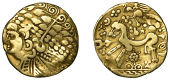 Continental Iron Age, GALLO-BELGIC, gold Stater, c. 150 BC, series Ab [Ambiani, VA], celticised head of Apollo left,...