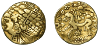 Continental Iron Age, GALLO-BELGIC, gold Stater, c. 150 BC, series Ab [Ambiani, VA], celticised head of Apollo left,...