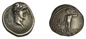 British Iron Age, ATREBATES and REGNI, Verica, silver Unit, standing man holding lituus dividing com mif, rev....