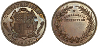 Mauritius, Scholastic Exhibition, 1887, a bronze prize medal, unsigned, coat of arms with date and inscription above...