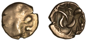 British Iron Age, CORIELTAUVI, Uninscribed series, Stater, South Ferriby Phallic type, trace of wreath design, rev....