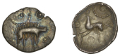 British Iron Age, CORIELTAUVI, Early Uninscribed issues, silver Unit, Proto-Boar type, boar right, no spear in back,...