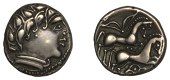 Continental Iron Age, NORTHWEST GAUL, Carnutes, silver Drachm, 1st Century BC, male head right, hair in large locks...