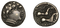 Continental Iron Age, NORTHWEST GAUL, Carnutes, silver Drachm, 1st Century BC, male head right, hair in large locks...