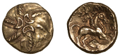 British Iron Age, CATUVELLAUNI, Addedomaros (45 - 25 BC), Stater, class 3, spiral of six limbs, three crescents in...