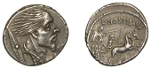 Lucius Hostilius Saserna, Denarius, c. 48, head of Gallic captive right, possibly Vercingetorix, with flowing hair...