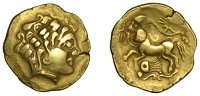Continental Iron Age, NORTHERN GAUL, The Treveri, gold Stater, early 1st Century BC, stylised head of Apollo right,...