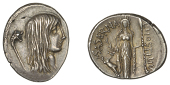L. Hostilius Saserna, Denarius, c. 48, female head right, possibly Gallic captive, with long hair, carnyx behind,...