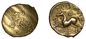 British Iron Age, TRINOVANTES, Dubnovellaunus (5 BC - AD 10), Stater, class 2b, two crescents back-to-back across...