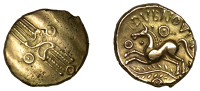 British Iron Age, TRINOVANTES, Dubnovellaunus (5 BC - AD 10), Stater, class 2b, two crescents back-to-back across...