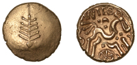 British Iron Age, DOBUNNI, Anted (AD 20 - 43), Stater, Dobunnic leaf emblem, rev. anted, triple-tailed horse...