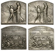 France, Exposition Internationale de Chicago, 1893, silvered bronze plaques (2). by A. Roty, France greets a young...
