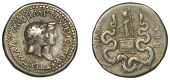 Mark Antony and Octavia, Tetradrachm, Ephesus, jugate heads of Mark Antony and Octavia right, the formed wreathed as...