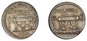 Q. Pompeius Rufus, Denarius, c. 54, curule chair between arrow and laurel branch, q pompei q f above, cos below on...