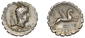 L. Papius, serrate Denarius, c. 79, head of Juno Sospita right wearing goatskin headdress, lantern or incense burner...