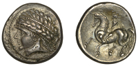 Continental Iron Age, WEST NORICUM, silver Tetradrachm, c. 150 BC, Kugelreiter type, wreathed and diademed male head...