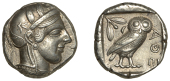 ATTICA, Athens, Tetradrachm, late standardised type, c. 440-405, helmeted head of Athena right, rev. owl standing...