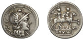 L. Sempronius Pitio, Denarius, c. 148, helmeted head of Roma right, pitio behind, x below chin, rev. Dioscuri riding...