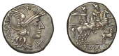 C. Antestius, Denarius, c. 146, helmeted head of Roma right, c antesti behind, x below chin, rev. Dioscuri galloping...