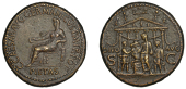 Caligula [Gaius] (37-41), Caligula, Sestertius, Rome, 40-1, Pietas seated left, holding patera, resting arm on small...