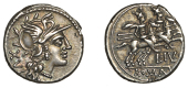 L. Julius, Denarius, c. 141, helmeted head of Roma right, xvi behind, rev. Dioscuri riding right, l ivl[i] below,...
