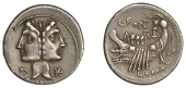 C. Fonteius, Denarius, c. 114-3, laureate Janiform head of Dioscuri, control letter d to lower left, x crossed to...