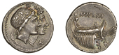 Mn. Fonteius, Denarius, c. 108-7, laureate and jugate heads of Dioscuri, x crossed before, rev. galley right, mn...
