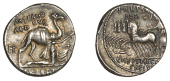 Marcus Aemilius Scaurus and Publius Plautius Hypsaeus, Denarius, c. 58, King Aretas kneeling right beside a camel,...