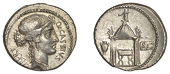 Q. Cassius Longinus, Denarius, c. 55, head of Libertas right, libert left, q cassivs right, rev. Temple of Vesta,...