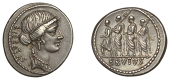 Q. Servilius Caepio (M. Junius) Brutus, Denarius, c. 54, head of Libertas right, hair tied into a knot and jewels in...