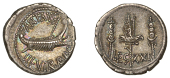 Mark Antony, Denarius, military mint moving with Antony possibly Patrae, 32-1, praetorian galley right, ant avg iii...