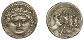 L. Plautius Plancus, Denarius, c. 47, head of Medusa facing, l plavtivs below, rev. Victory, facing, holding...