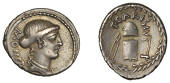 T. Carisius, Denarius, c. 46, head of Juno Moneta right, one lock of hair falling down neck, monet[a] behind, rev....