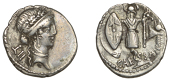 Julius Caesar, Denarius, military mint moving with Caesar, spring-summer 48, diademed head of Pietas right, wearing...