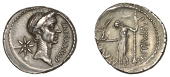 Julius Caesar, Denarius, January-February 44, P. Sepullius Macer as moneyer, wreathed head of Caesar right, star of...