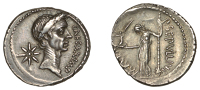 Julius Caesar, Denarius, January-February 44, P. Sepullius Macer as moneyer, wreathed head of Caesar right, star of...
