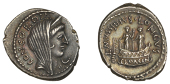 L. Mussidius Longus, Denarius, 42, diademed and veiled head of Concordia right, concordia behind, crescent below...