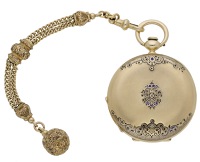 Beguelin Houriet. A gold and enamel hunting cased watch, circa 1860.
Movement: jewelled lever escapement.
Dial:...