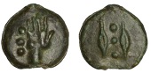 Anonymous, AE Aes Grave Quadrans, c. 280-76, right hand, three pellets in left field, rev. two grains of barley,...