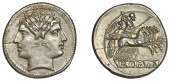 Anonymous, Didrachm (Quadrigatus), c. 225-14, laureate and janiform head of Dioscuri, rev. Jupiter driving quadriga...