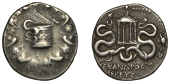 C. Fannius (As Praetor), Cistophric Tetradrachm, [Tralles], Lydia, 49-8, Cista Mystica with serpent emerging,...