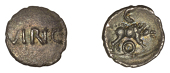 British Iron Age, ATREBATES AND REGNI, Verica, Minim, viric across plain field, rev. boar bounding right, crescent...