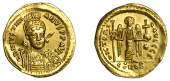 Justinian I, Solidus, Constantinople, 527-38, 3rd Officiana, helmeted and cuirassed bust, three-quarter facing,...