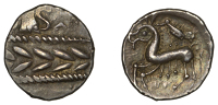 Continental Iron Age, BOII, silver Drachm, 50 BC, Tótfalu type, wreath pattern, torque below, rev. horse with large...