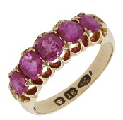 A late 19th century ruby five stone ring, set with a row of circular-cut rubies, mounted in 18ct gold, Chester...
