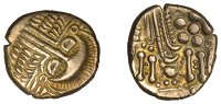 British Iron Age, BELGAE, Early Uninscribed series, Stater, British D [Cheriton type], degraded head of Apollo...